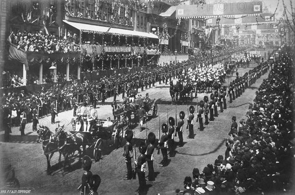 Queen Victoria being driven through central London during her Golden Jubilee celebrations, 1887. Artist: Unknown