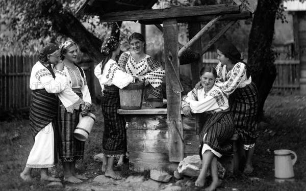 Young women in traditional dress, Bistrita Valley, Moldavia, north-east Romania, c1920-c1945. Artist: Adolph Chevalier