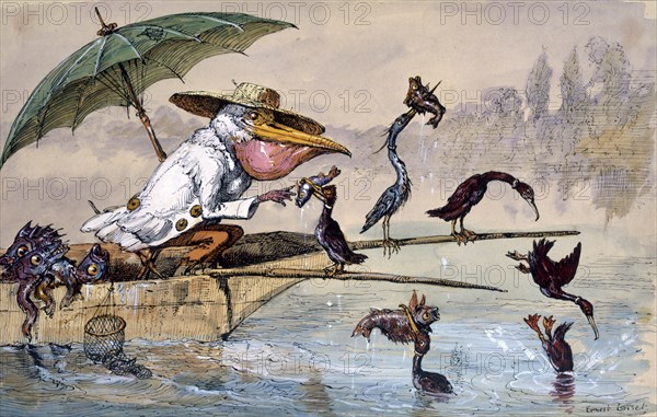 Cormorants presenting fish to a pelican in a punt under an umbrella, c1864-1907. Artist: Ernest Henry Griset