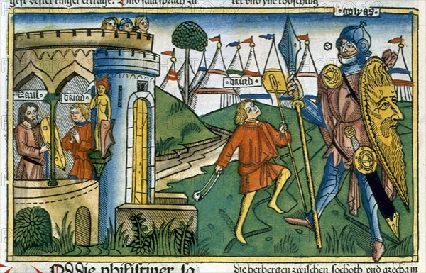 David defeats Goliath and meets Saul. Artist: Unknown