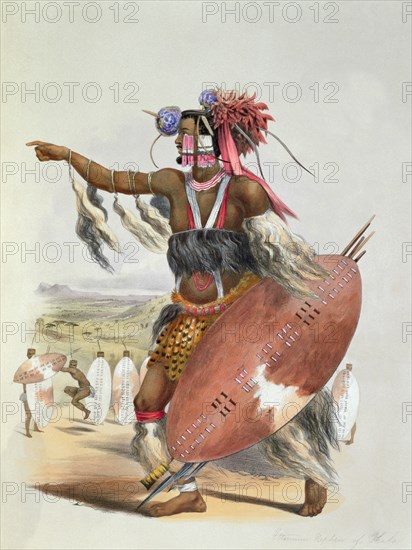 Zulu warrior, Utimuni, nephew of Chaka the late Zulu king, 1849. Artist: George French Angas