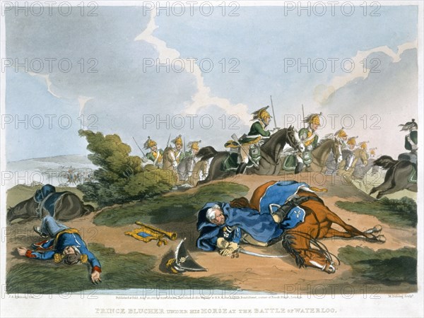 'Prince Blucher under his Horse at the Battle of Waterloo', 1815. Artist: Matthew Dubourg