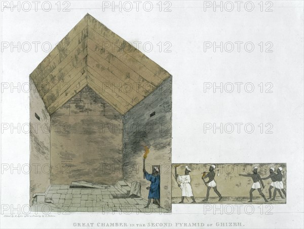 'The Great Chamber in the Second pyramid of Ghizeh, discovered by Giovanni Belzoni, 1820-1822'. Artist: Agostino Aglio