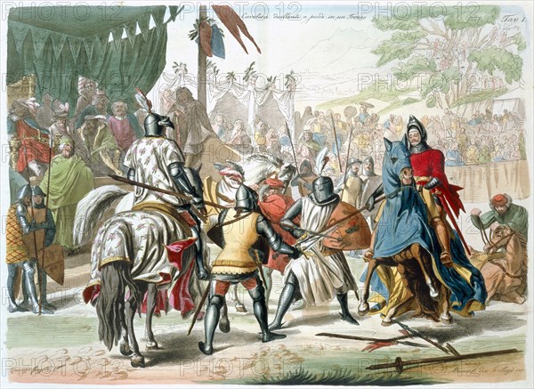 Knights duelling on foot in a tournament, 19th century. Artist: G Lago