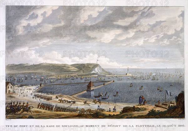 'View of the Port and the Roadstead of Boulogne at the Departure of the Flotilla, 16 August 1803'. Artist: Louis Francois Couche