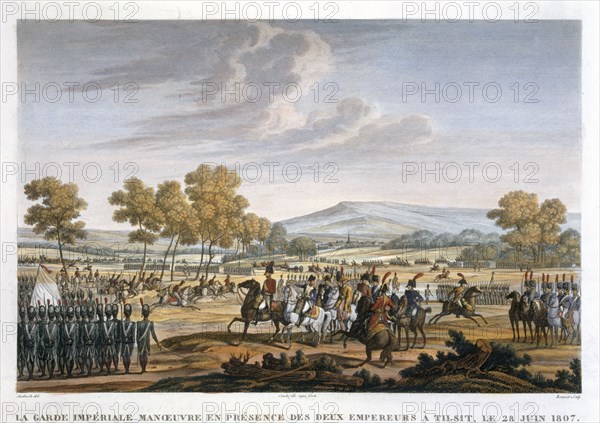 'The Imperial Guard Manoeuvring in the Presence of the Two Emperors at Tilsit, 28 June 1807'.  Artist: Edme Bovinet