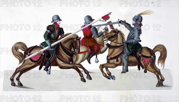 Three knights jousting at a tournament, 1842. Artist: Friedrich Martin von Reibisch