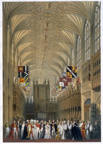 Queen Victoria and Prince Albert at a service in St George's Chapel, Windsor Castle, 1838. Artist: James Baker Pyne