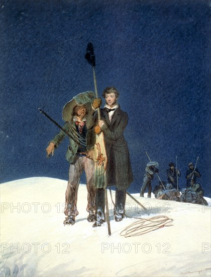 Charles Fellows with William Hawes, plants a baton on the summit of Mont Blanc, 1827. Artist: WS Hastings