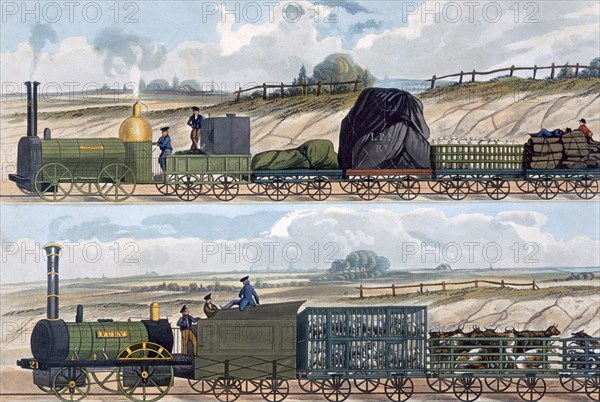 Trains on the Liverpool and Manchester Railway, 1832-1833. Artist: SG Hughes