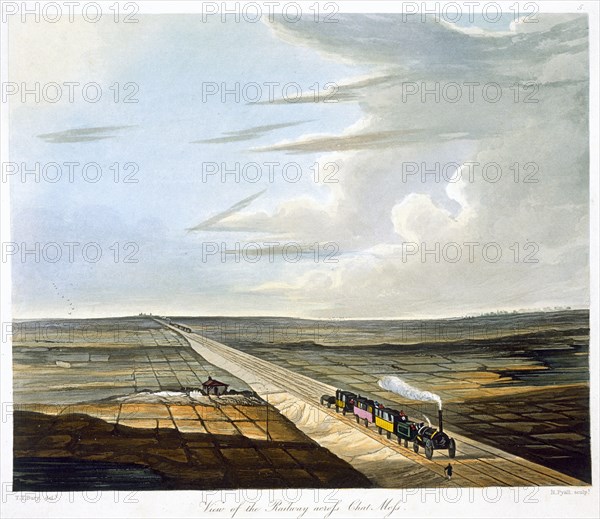 'View of the Railway across Chat Moss', Liverpool and Manchester Railway, 1833. Artist: Henry Pyall