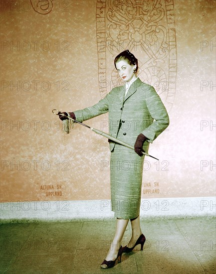 Female model shows a suit, the Historical Museum, Stockholm, 1950s. Artist: Göran Algård