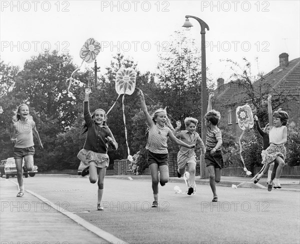 Children flying kites, Horley, Surrey, c1965-1975(?).