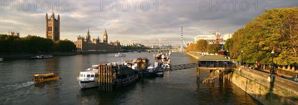 Panoramic view along the River Thames, London.