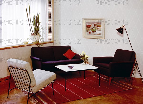 Living room in an ordinary Swedish flat, 1950s Artist: Göran Algård