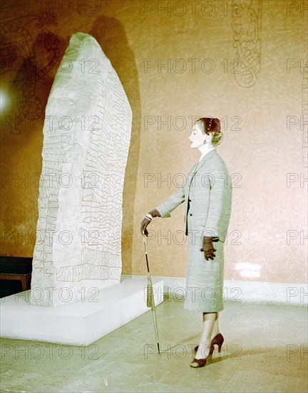 Female model shows a suit, the Historical Museum, Stockholm, 1950s. Artist: Göran Algård