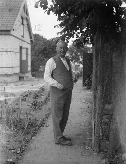 An elderly man repairing chicken wire in his garden, Flyinge, Sweden, 1920s. Artist: Unknown