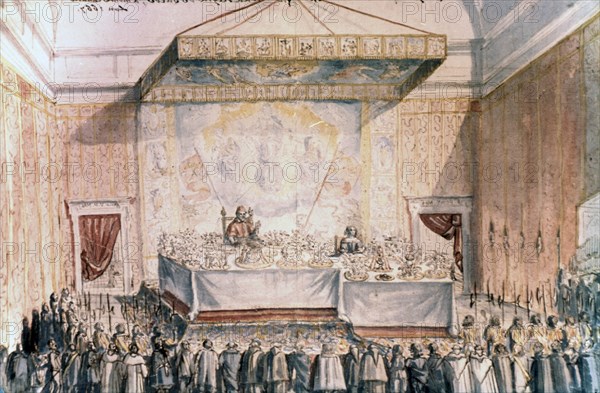 Queen Christina of Sweden invited to a banquet with Pope Clement IX, 1668. Artist: Unknown