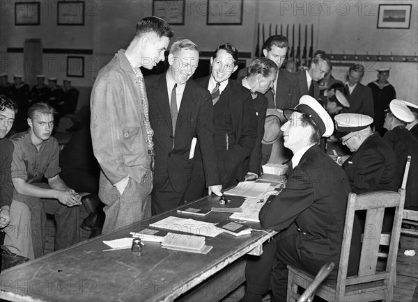 Young men enrolling for compulsory military service, Skepsholmen, Stockholm, 8th September 1939. Artist: Karl Sandels