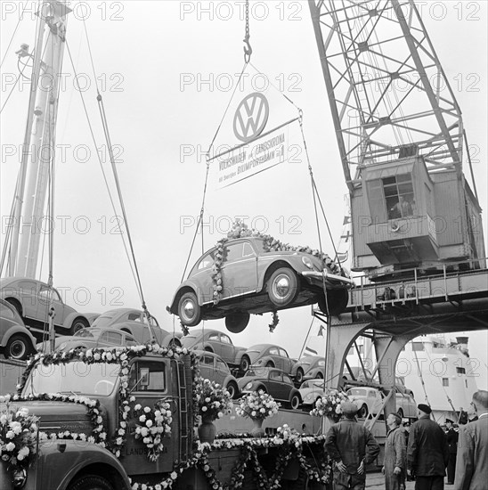 Imported Volkswagen Beetles arriving in Sweden, Landskrona harbour, 1961. Artist: Unknown