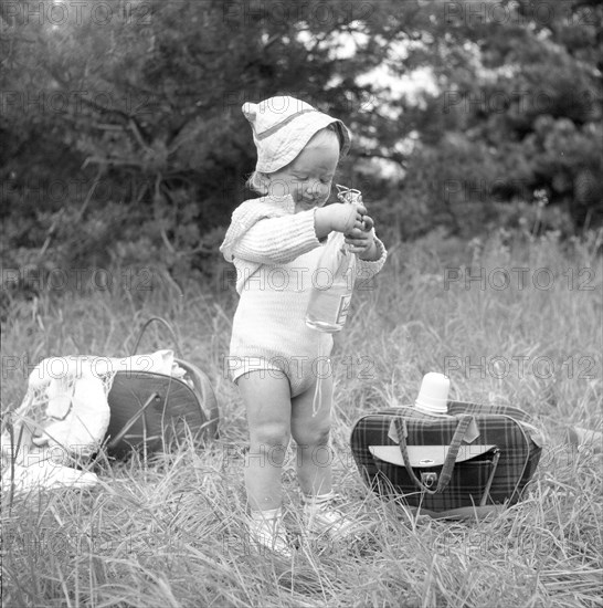 A little girl has found the picnic basket, Sweden, 1955. Artist: Unknown