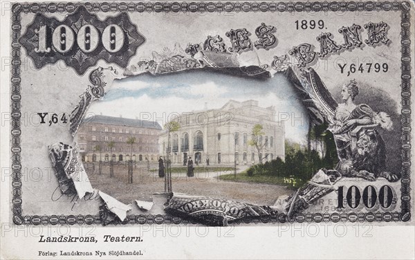 Landskrona Theatre, Sweden, framed by a 1000 crowns note, c1900s(?). Artist: Unknown