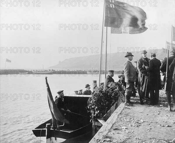 King Oscar II of Sweden arrives on the Isle of Ven for a hunting trip, Sweden, 1900 Artist: Unknown