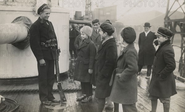 Children on board the Swedish armoured cruiser 'Fylgia' during its visit to Malmö, Sweden, 1929. Artist: Otto Ohm