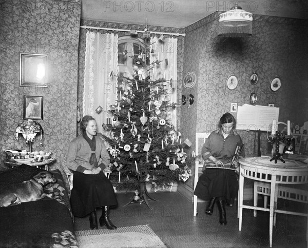 Two women on Christmas Eve with a Christmas tree in front of the window, Sweden, early 1900s. Artist: Unknown