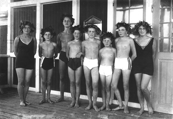 Children wearing swimming costumes and headdresses, Sweden, c1930-1959(?). Artist: Unknown