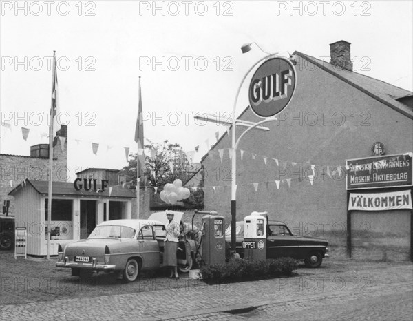 Gulf petrol station, Trelleborg, Sweden, 1955. Artist: Unknown