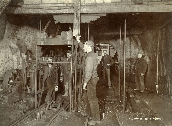 Ascending in the pit cage, Clifton Colliery, Nottinghamshire, c1895. Artist: HL Morel