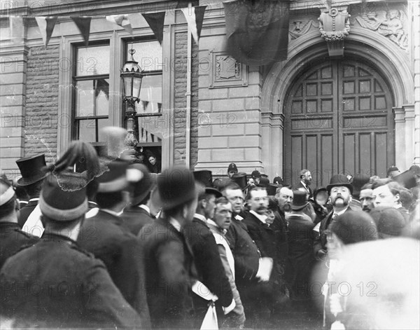 Crowd outside Buxton Town Hall, Derbyshire, c1900s(?). Artist: Unknown