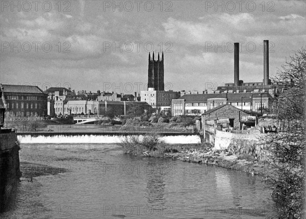 The Cathedral and the weir on the River Derwent, Derby, Derbyshire. Artist: H Brighouse