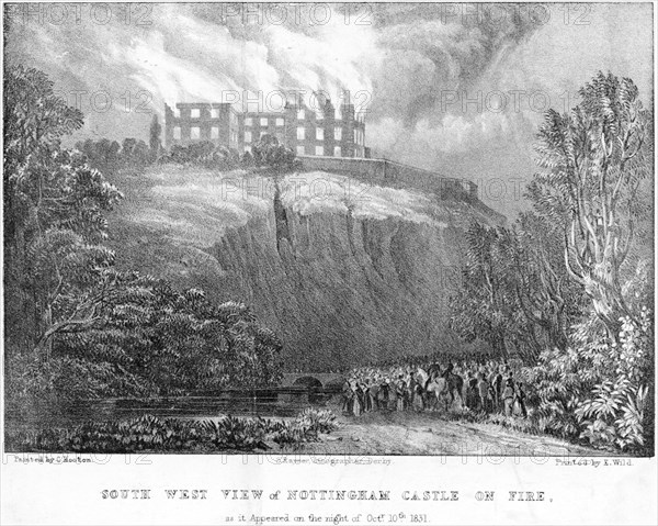 Nottingham Castle on fire, viewed from the south, 1831. Artist: S Rayner