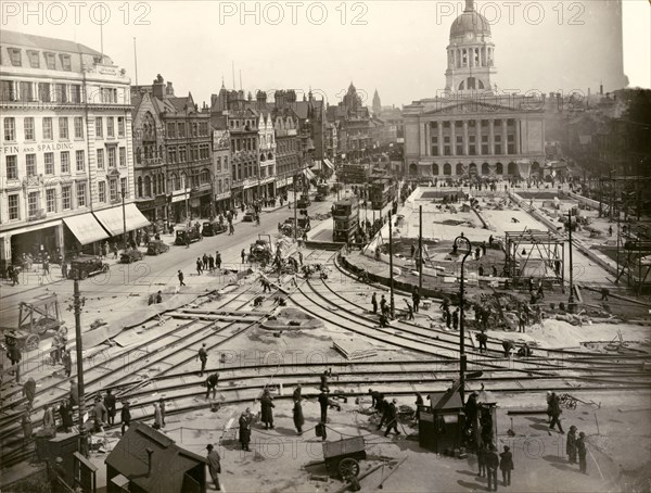 Re-laying of tram track in the Old Market Square, Nottingham, Nottinghamshire, 1929. Artist: Unknown