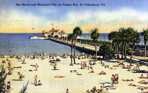 Spa Beach and Municipal Pier on Tampa Bay, St Petersburg, Florida, USA, 1940. Artist: Unknown