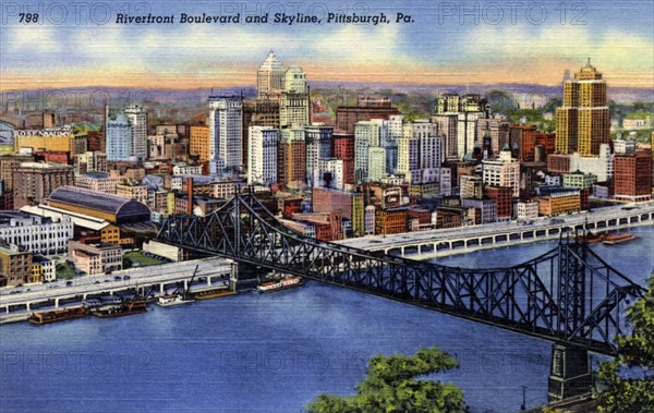 Riverfront Boulevard and city skyline, Pittsburgh, Pennsylvania, USA, 1940. Artist: Unknown