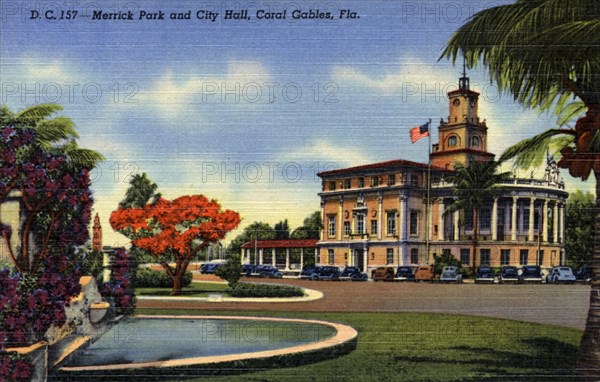 Merrick Park and City Hall, Coral Gables, Florida, USA, 1940. Artist: Unknown