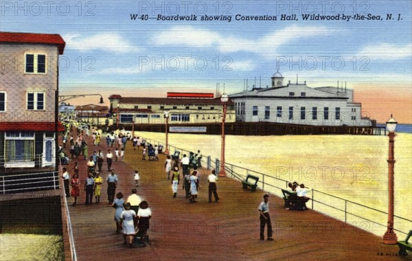 Boardwalk and Convention Hall, Wild-Wood-by-the-Sea, New Jersey, USA, 1940. Artist: Unknown