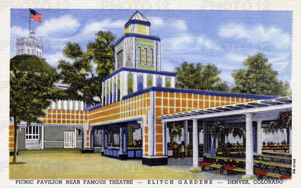 Picnic pavilion near Famous Theater, Elitch Gardens, Denver, Colorado, USA, 1945. Artist: Unknown