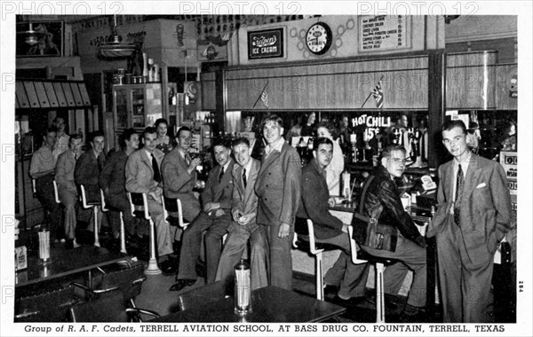 Group of RAF cadets at Bass Drug Co Fountain, Terrell, Texas, USA, 1942. Artist: Unknown