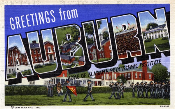 'Greetings from Auburn, home of Alabama Polytechnic Institute', postcard, 1941. Artist: Unknown