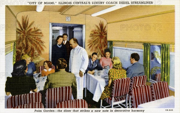 Palm Garden dining car on the 'City of Miami' streamliner train, USA, 1941. Artist: Unknown
