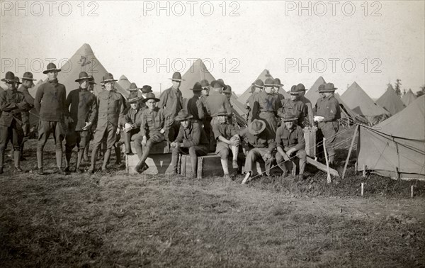 Soldiers gathered near their tents, Fort Sheridan, Illinois, USA, 1920. Artist: Unknown