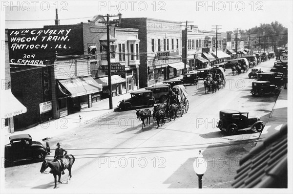 Wagon train of the 14th Cavalry travelling through Antioch, Illinois, USA, 1920. Artist: Unknown