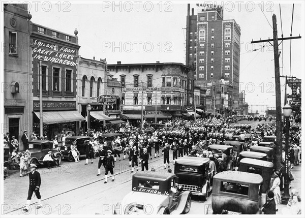 The Great Lakes Military Band on parade in Waukegan, Illinois, USA, 1920. Artist: Ekmark Photo