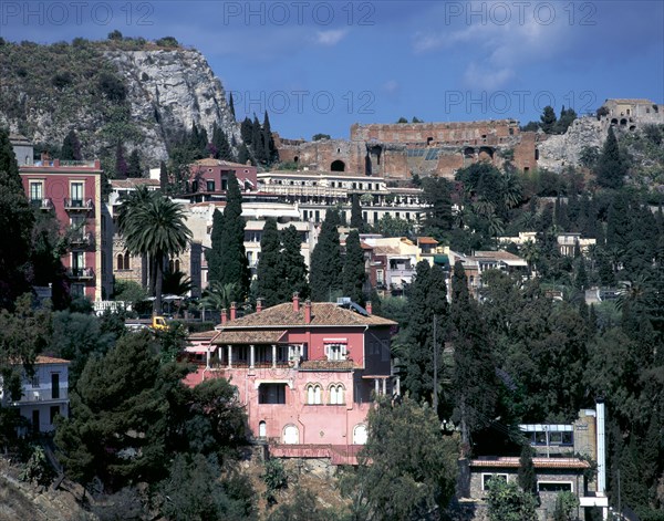 View from Via Roma to Greek theatre, Taormina, Sicily, Italy.