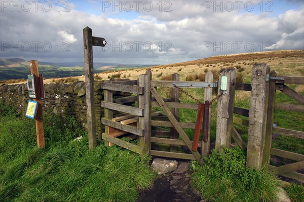 Public footpath sign and kissing gate, Longridge Fell, Lancashire.