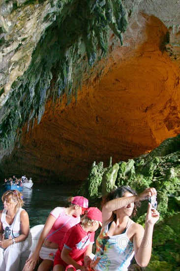 Tourist boat trip, Melissani Lake, Kefalonia, Greece.